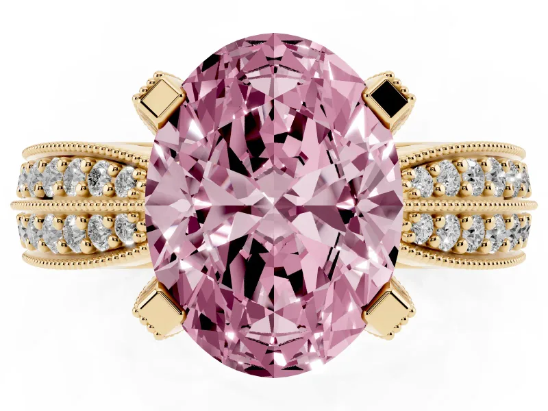 Fancy Pink Oval Cut Diamond Solitaire Ring Set in Yellow gold with Milgrain Double Row Round Pavé Band