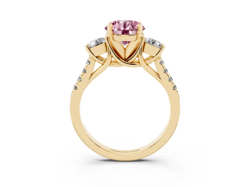 Round Three-Stone Engagement Ring Setting for a Fancy Pink Lab-Grown Diamond | Yellow Gold