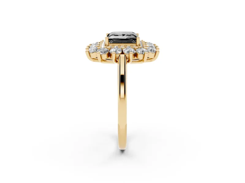 Princess Cut Floral Halo Engagement Ring Setting for a Black Center | Plain Band | Yellow Gold