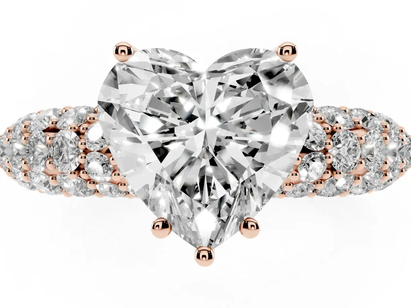 Heart-Shaped Multi Row Pave Solitaire Engagement Ring Setting | Domed Shoulders | Rose Gold