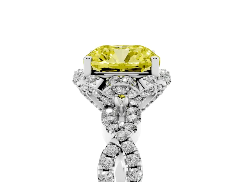 Fancy Yellow Cushion Cut Diamond Halo Twist Band Solitaire Ring Set in Silver with Prong-Set Center Stone