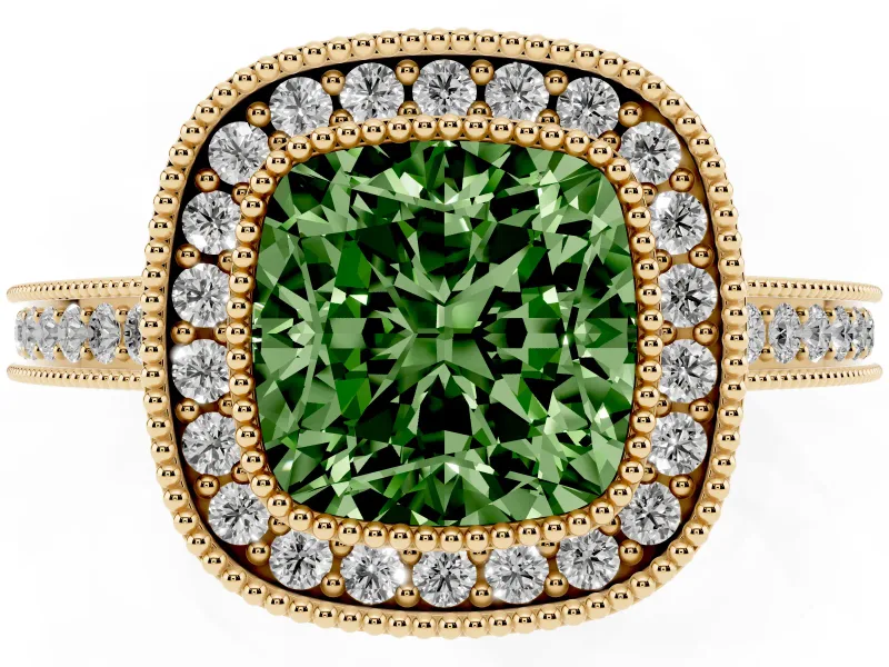 Fancy Green Cushion Cut Diamond Halo Ring Set in Yellow gold with Pavé Band and Milgrain-Edged Prongs
