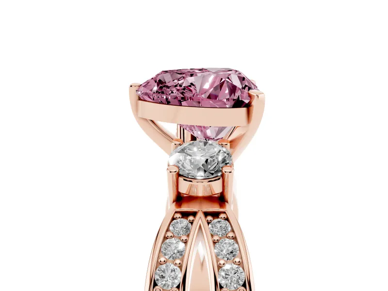 Heart-Shaped Three-Stone Pavé Twist Engagement Ring Setting for a Fancy Pink Lab-Grown Diamond | Split Shank | Rose Gold