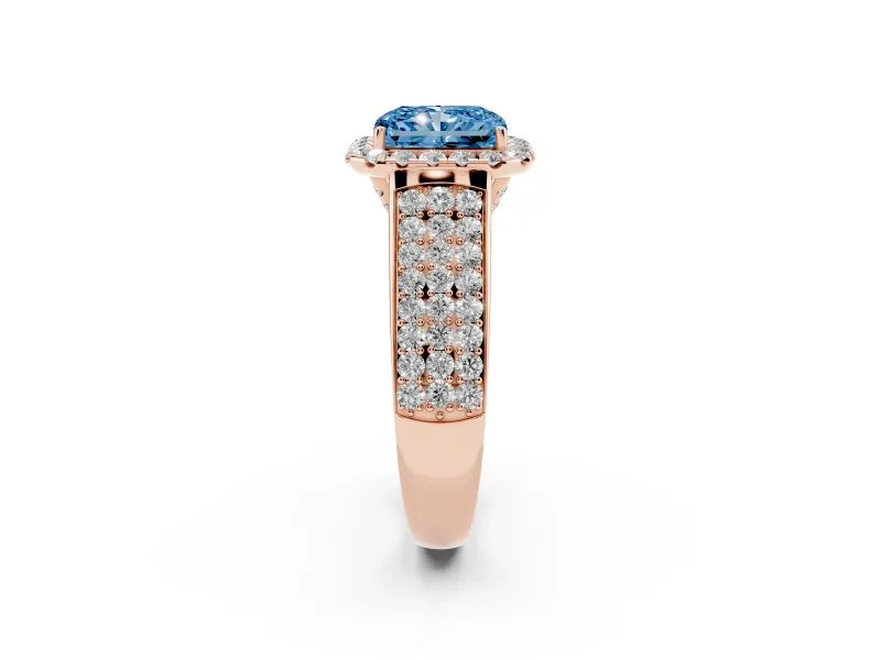Radiant Cut Pavé Engagement Ring Setting for a Fancy Blue Lab-Grown Diamond | Wide Three-Row Band | Rose Gold