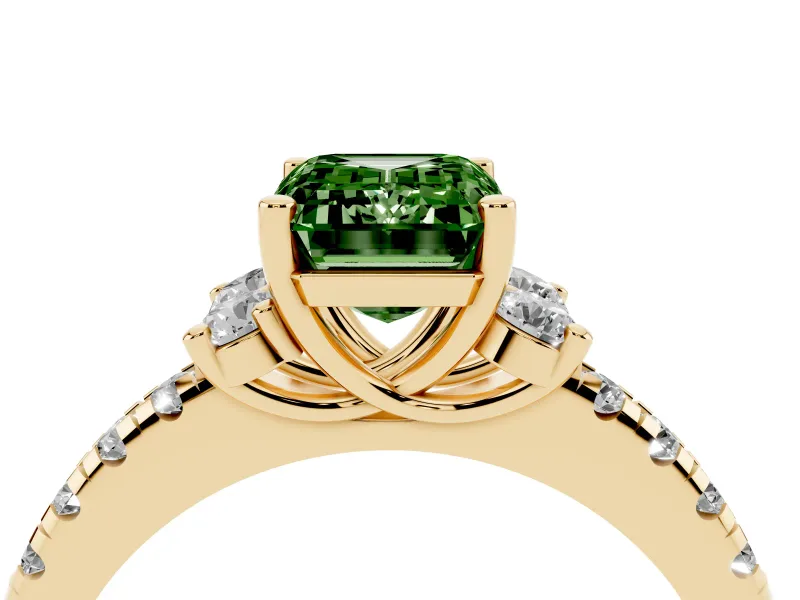 Emerald Cut Side Stone Engagement Ring Setting for a Fancy Green Lab-Grown Diamond | Pave Band | Yellow Gold