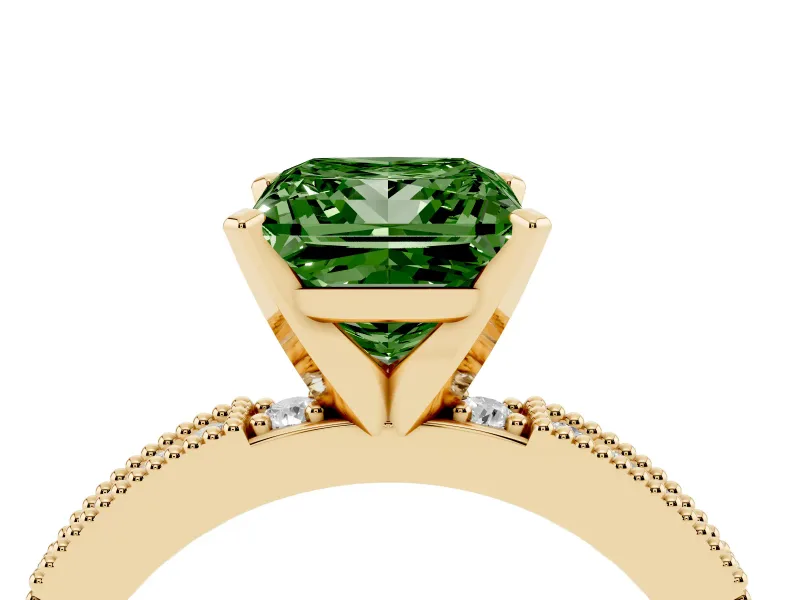 Fancy Green Princess Cut Diamond Solitaire Ring Set in Yellow gold with Slim Pavé Band and Prong Setting