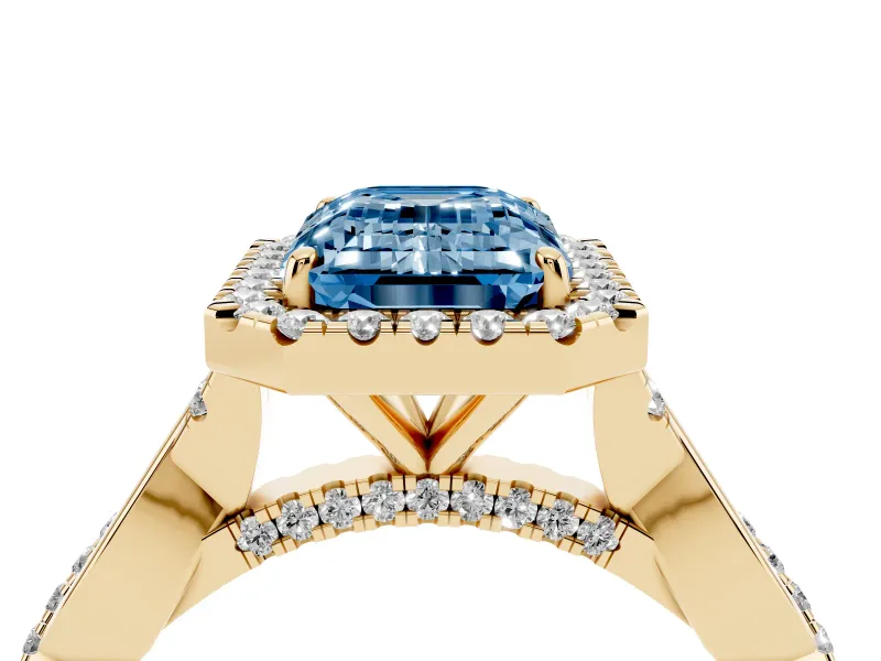Emerald Cut Twist Halo Engagement Ring Setting for a Fancy Blue Lab-Grown Diamond | Yellow Gold