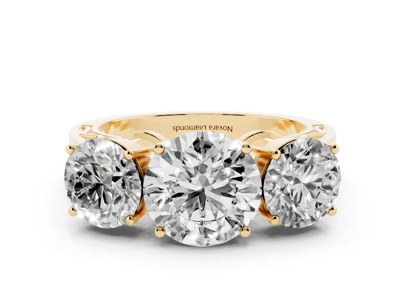 Round Cut Diamond Three-Stone Ring Set in Yellow gold with Textured Band