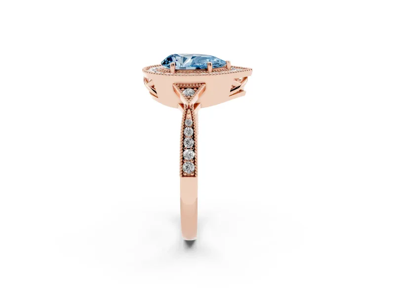Pear-Shaped Milgrain Halo Engagement Ring Setting for a Fancy Blue Lab-Grown Diamond | Graduated Pavé | Rose Gold