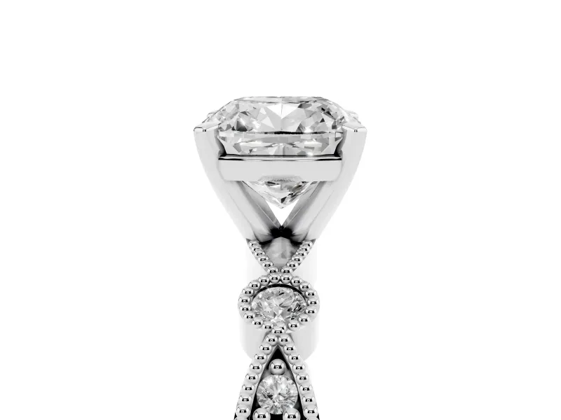 Cushion Cut Diamond Solitaire Engagement Ring Set in Platinum with Milgrain Bezel Accent Band