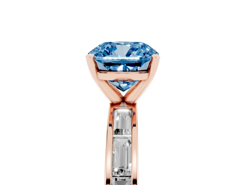 Fancy Blue Cushion Cut Diamond Solitaire Ring Set in Rose gold with Channel-Set Baguette Band and Prong Setting