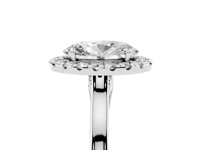 Oval Cut Halo Round Diamond Solitaire Ring Set in Silver with Pavé Band and Prong Setting
