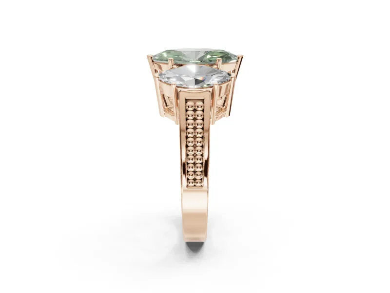 Marquise Three Stone Engagement Ring Setting for a Fancy Green Lab-Grown Diamond | Beaded Shoulders | Rose Gold
