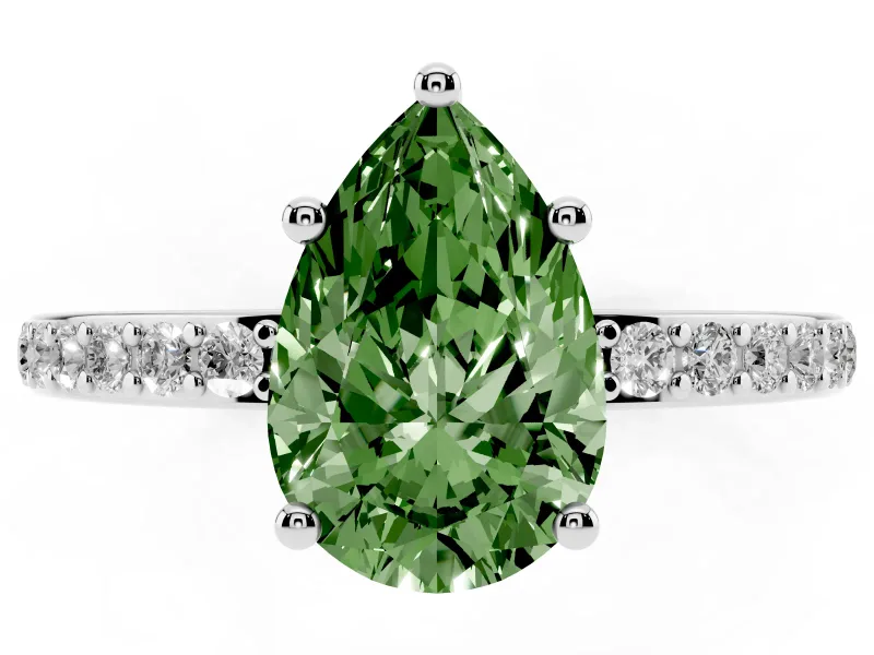Fancy Green Pear Cut Diamond Pavé Band Ring Set in Silver with Prong-Set Center Stone
