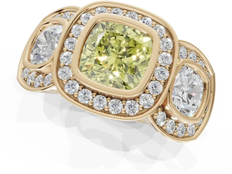 Cushion Cut Three Stone Halo Engagement Ring Setting for a Fancy Yellow Lab-Grown Diamond | Bezel Set | Yellow Gold