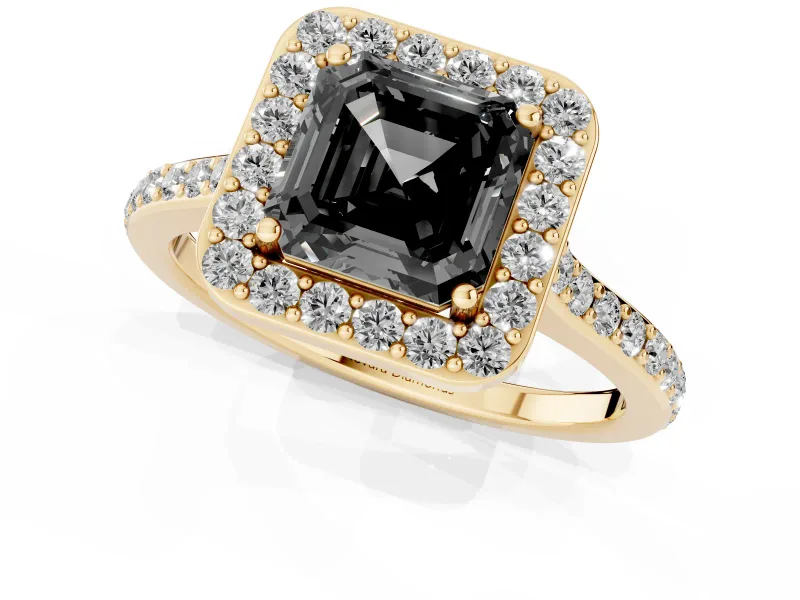 Asscher Cut Pavé Halo Engagement Ring Setting for a Black Center | Yellow Gold