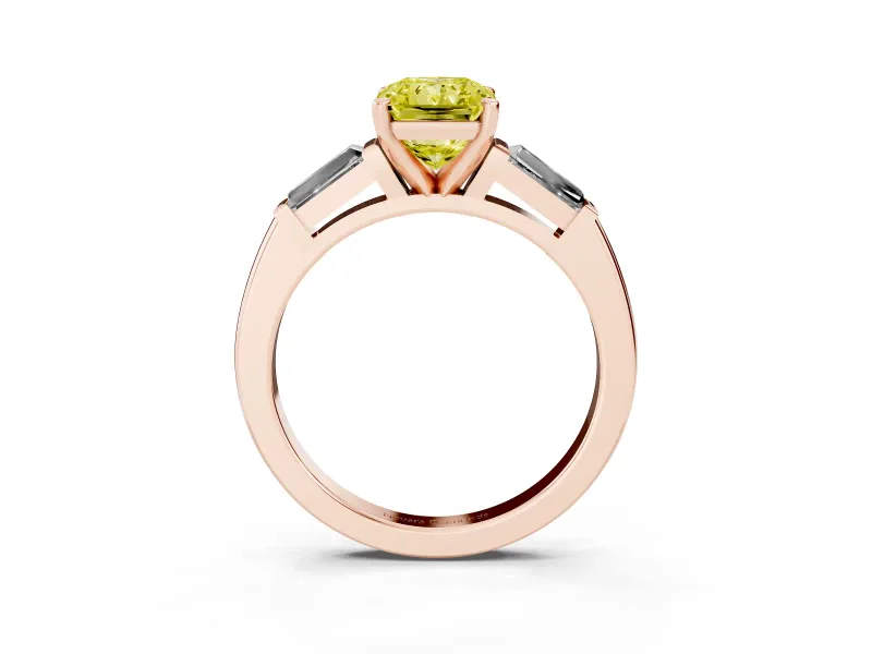 Radiant Cut Three Stone Engagement Ring Setting for a Fancy Yellow Lab-Grown Diamond | Tapered Baguettes | Rose Gold