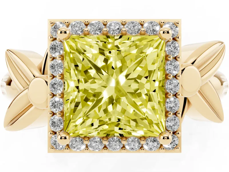 Princess Cut Floral Halo Engagement Ring Setting for a Fancy Yellow Lab-Grown Diamond | Yellow Gold