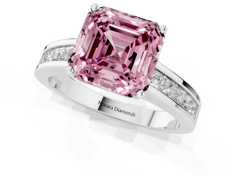 Fancy Pink Asscher Cut Diamond Solitaire Ring Set in White gold with Channel-Set Band and Prong Setting