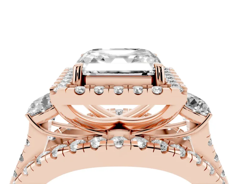 Asscher Cut Halo Split Shank Engagement Ring Setting | Round Side Stones | Rose Gold