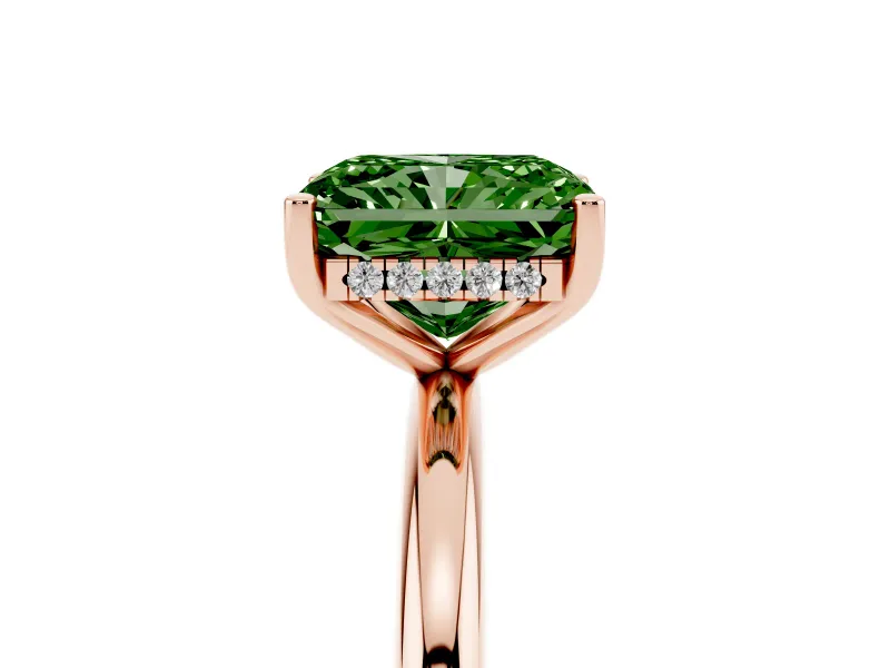Fancy Green Radiant Cut Diamond Solitaire Engagement Ring Set in Rose gold with Prong Setting and Polished Band