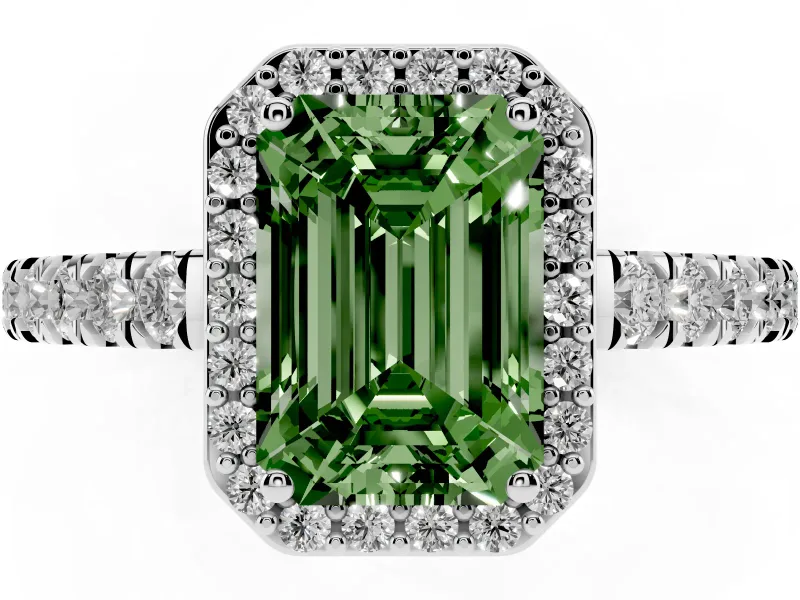 Emerald Cut Halo Pavé Engagement Ring Setting for a Fancy Green Lab-Grown Diamond | Platinum