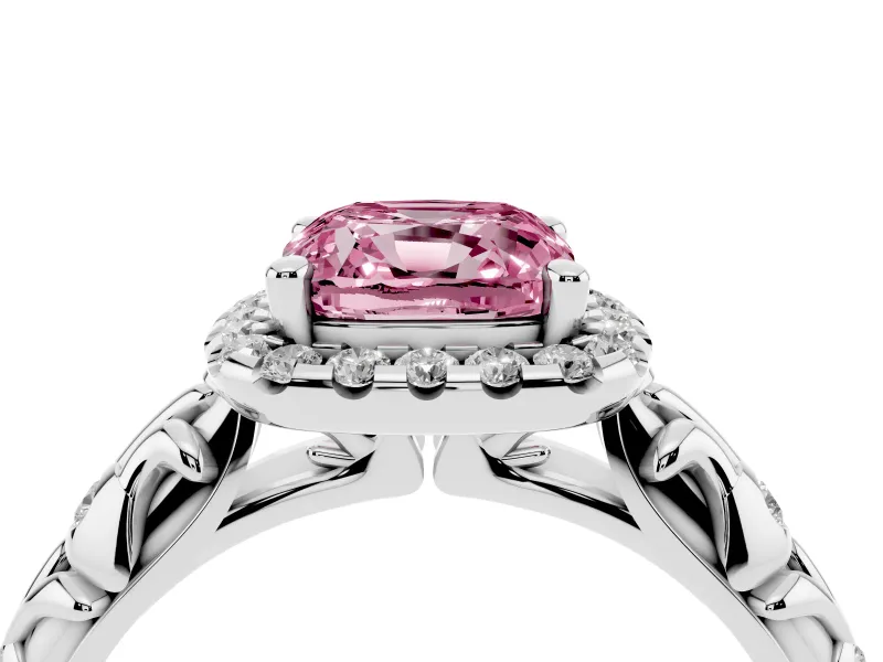 Cushion Cut Leaf Halo Engagement Ring Setting for a Fancy Pink Lab-Grown Diamond | Bezel Accents | Sterling Silver