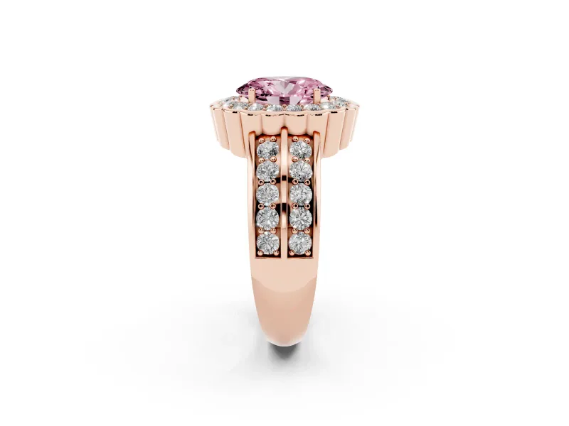 Fancy Pink Oval Cut Diamond Scalloped Halo Ring Set in Rose gold with Pavé Split Shank