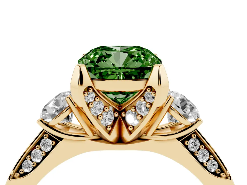 Cushion Cut Hidden Halo Three Stone Engagement Ring Setting for a Fancy Green Lab-Grown Diamond | Yellow Gold
