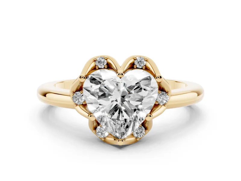 Heart Cut Diamond Round Cluster Halo Ring Set in Yellow gold with Solitaire Band and Prong Setting