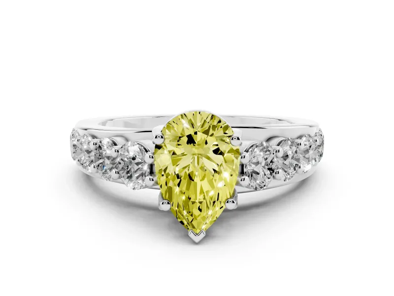 Fancy Yellow Pear Cut Diamond Pavé Engagement Ring Set in Platinum with Prong Setting