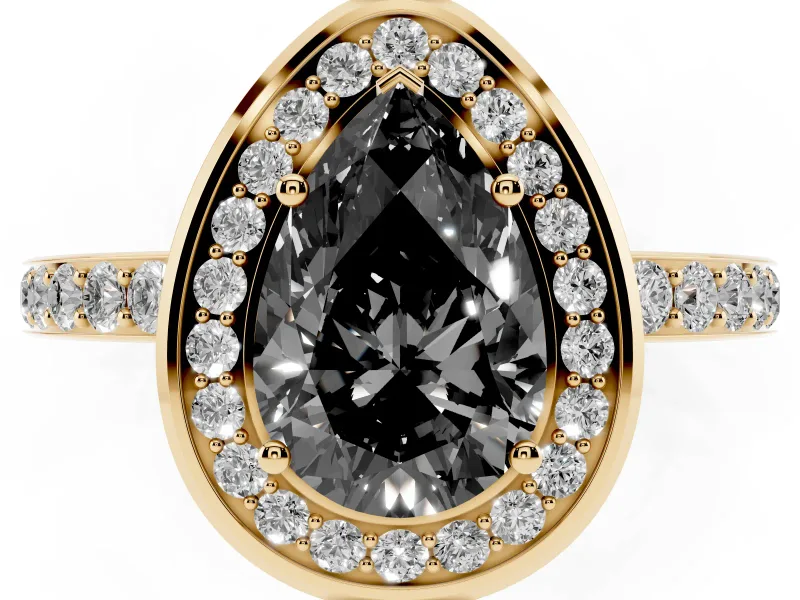 Fancy Black Pear Cut Diamond Halo Ring Set in Yellow gold with Bezel Frame and Pavé Band