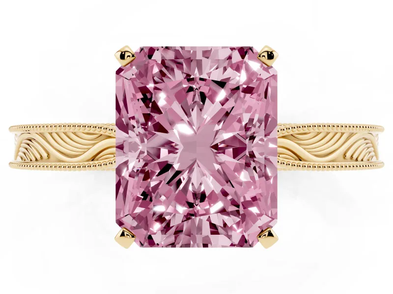 Fancy Pink Radiant Cut Diamond Solitaire Milgrain Engraved Band Set in Yellow gold with Prong Setting