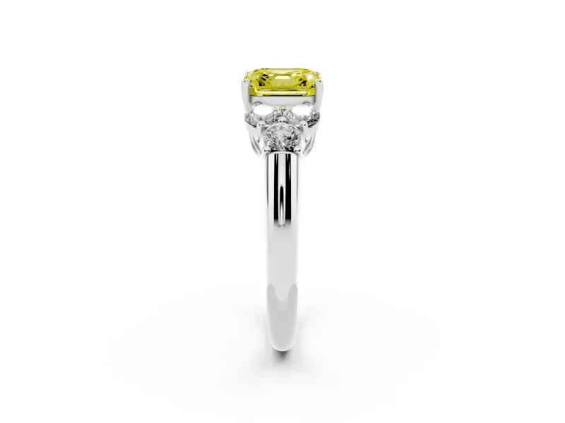 Fancy Yellow Asscher Cut Diamond Cluster Ring Set in Platinum with Round Accent Stones and Prong Setting on a Plain Band