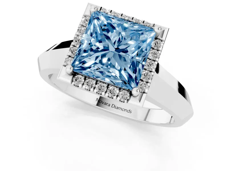 Fancy Blue Princess Cut Diamond Halo Ring Set in Silver with Cathedral Band and Prong Setting