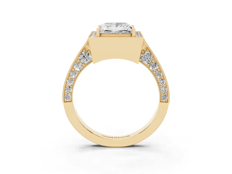 Princess Cut Vintage Milgrain Halo Engagement Ring Setting | Side Stones and Pave | Yellow Gold