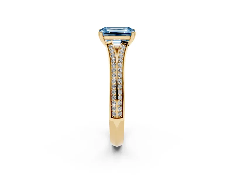 Emerald Cut Split Shank Engagement Ring Setting for a Fancy Blue Lab-Grown Diamond | Pave Band | Yellow Gold