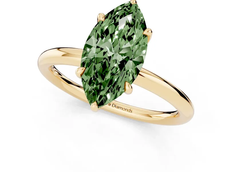 Fancy Green Marquise Cut Diamond Solitaire Ring Set in Yellow gold with Thin Band and Prong Setting