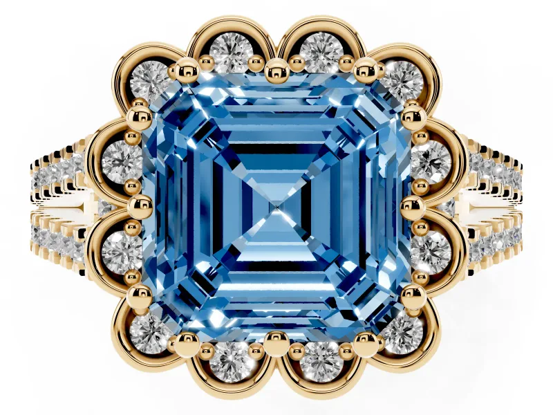 Asscher Cut Floral Halo Engagement Ring Setting for a Fancy Blue Lab-Grown Diamond | Pavé Split Shank | Yellow Gold
