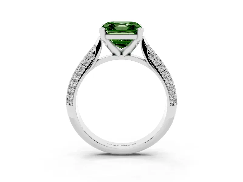 Fancy Green Asscher Cut Diamond Solitaire Engagement Ring Set in Platinum with Multi-Row Round Pavé Band and Prong Setting