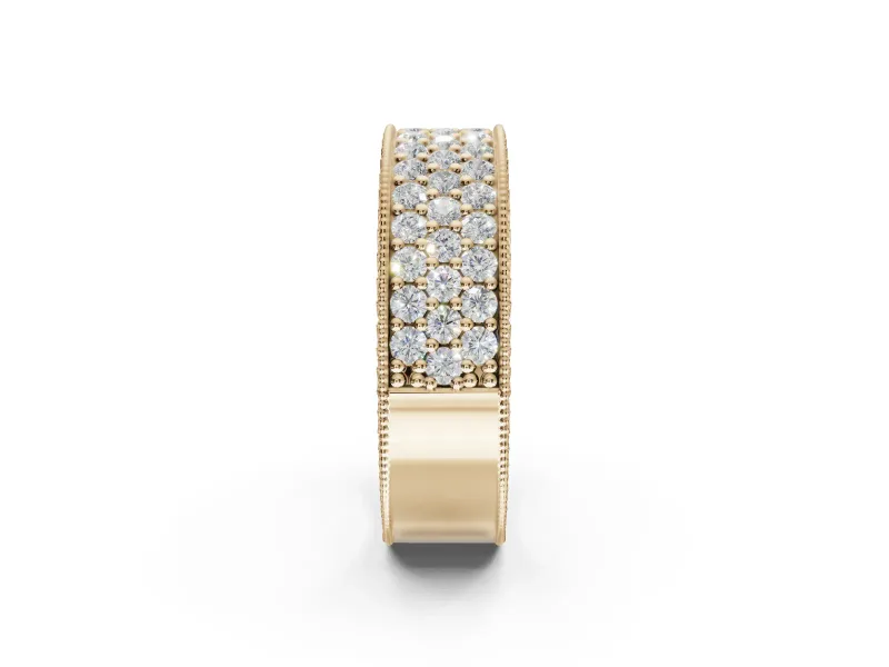 Round Lab-Grown Diamond Wide Pavé Wedding Band | Milgrain Edges | Yellow Gold