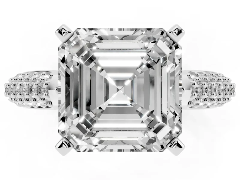 Asscher Cut Diamond Solitaire Engagement Ring Set in Silver with Multi-Row Round Pavé Band and Prong Setting