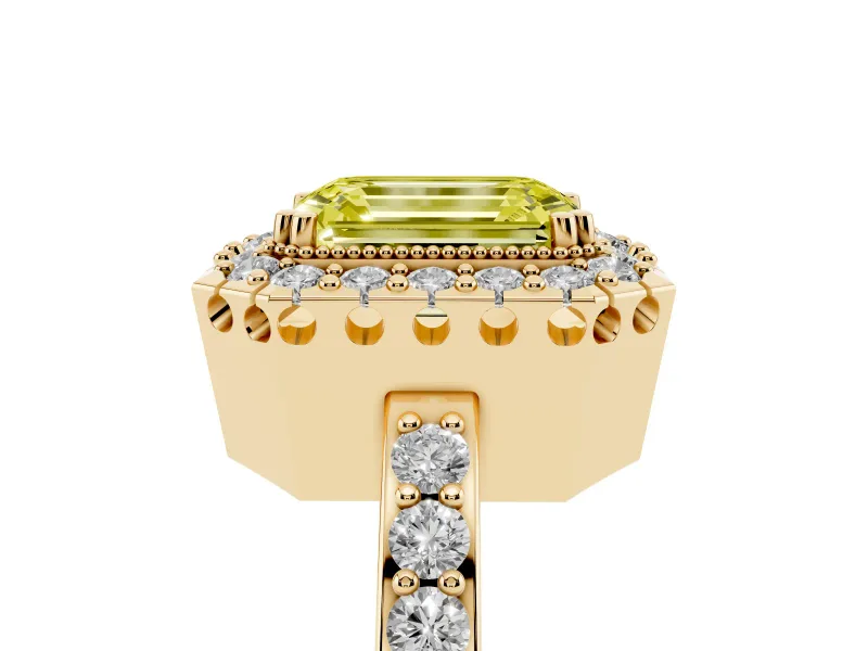 Emerald Cut Milgrain Halo Engagement Ring Setting for a Fancy Yellow Lab-Grown Diamond | Pavé Shoulders | Yellow Gold