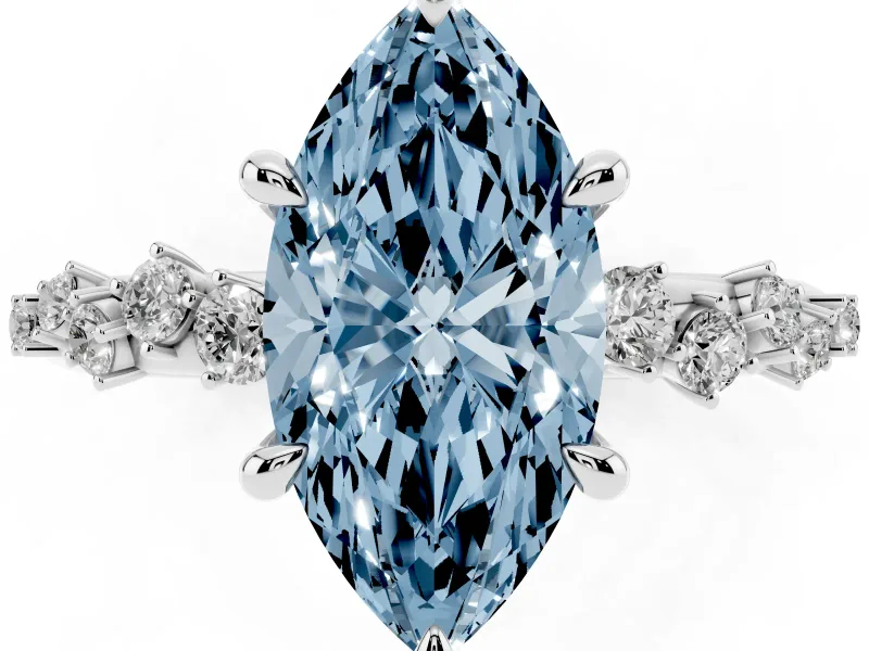 Fancy Blue Marquise Cut Diamond Solitaire Vine Band Ring Set in Platinum with Round Accents and Prong Setting