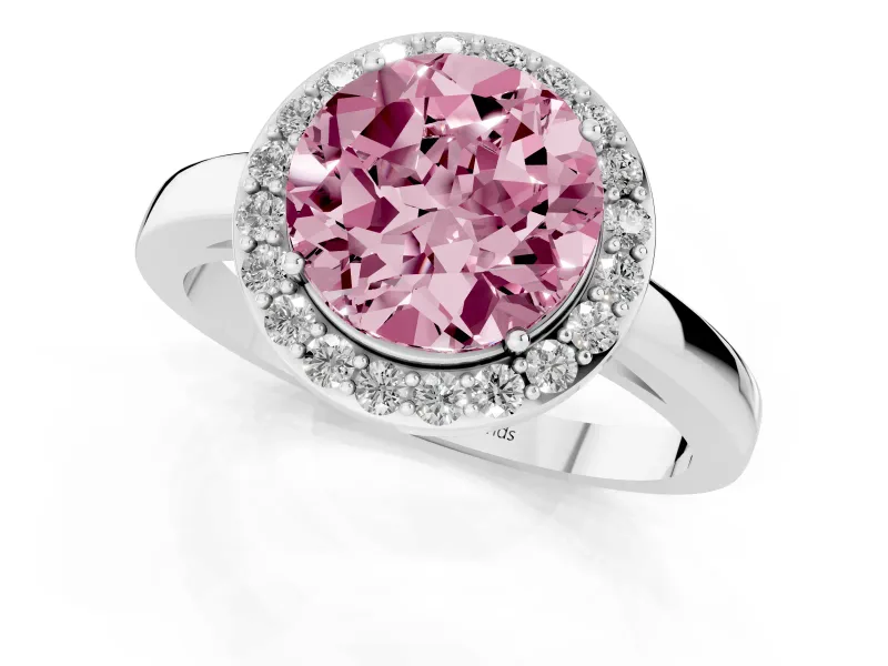 Fancy Pink Round Cut Diamond Halo Ring Set in White gold with Solitaire Band and Prong Setting