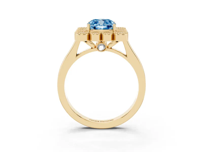 Cushion Cut Milgrain Cluster Halo Engagement Ring Setting for a Fancy Blue Lab-Grown Diamond | Plain Band | Yellow Gold
