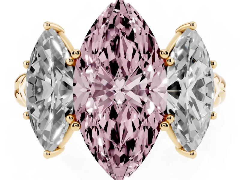 Fancy Pink Marquise Cut Diamond Three-Stone Ring Set in Yellow gold with Braided Band