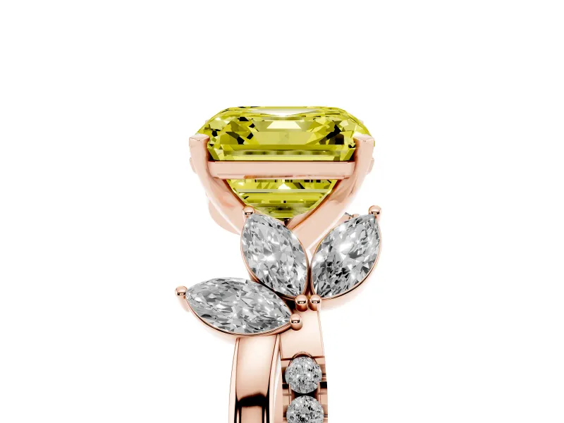 Fancy Yellow Asscher Cut Diamond Floral Vine Solitaire Engagement Ring Set in Rose gold with Marquise Leaves