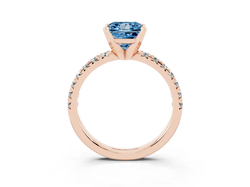 Fancy Blue Princess Cut Diamond Solitaire Pavé Engagement Ring Set in Rose gold with Round Band and Prong Setting