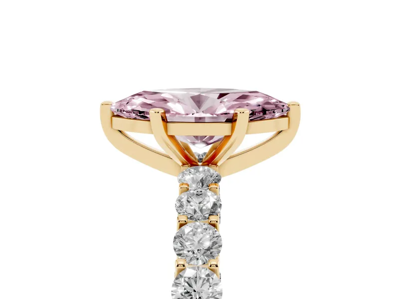 Fancy Pink Marquise Cut Diamond Solitaire Ring Set in Yellow gold with Shared Prong Pavé Band